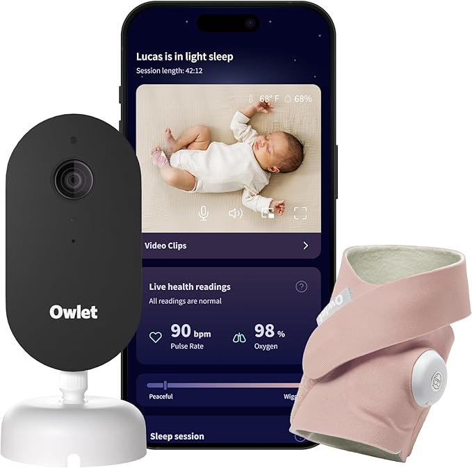 Owlet Dream Duo – FDA-Cleared Smart Baby Monitor with Sock & HD Video Cam 2K HD Video, Cry & Motion Alerts, Temp Monitoring
