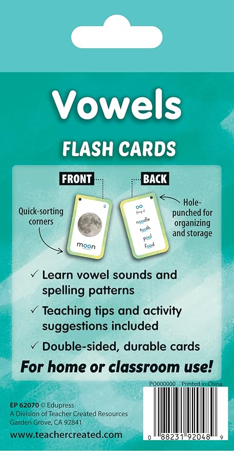 Teacher Created Resources Vowels Flash Cards (EP62070), White 3-1/8" x 5-1/8"