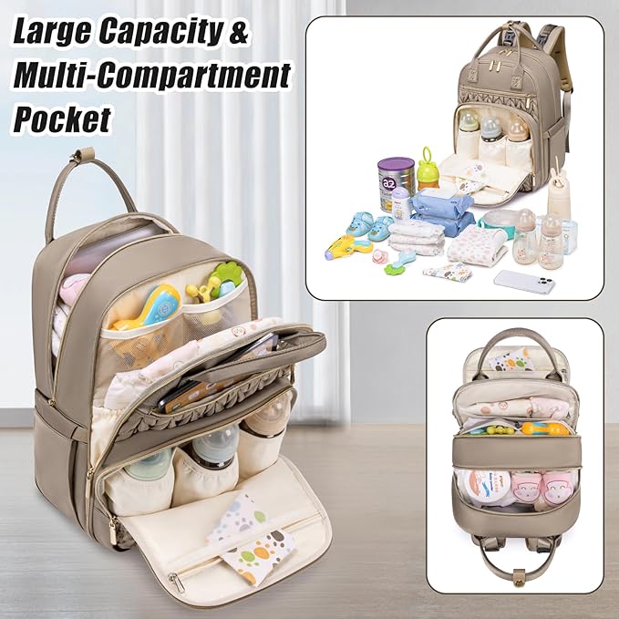 Diaper Bag Backpack,Stylish Baby Diaper Bag,Waterproof Travel Diaper Backpacks Baby Bags with Changing Pad,Stroller Straps,Insulated Pockets (Khaki)