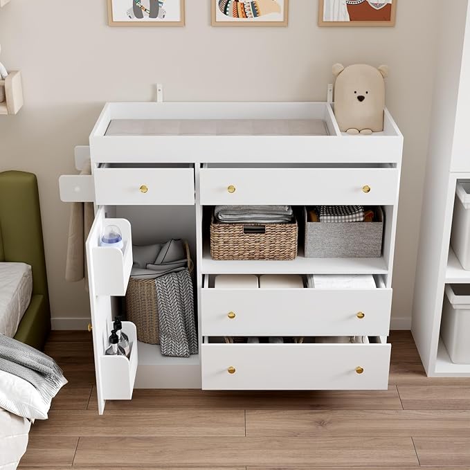 WOODTIME 43.3" W Nursery Dresser with Diaper Changing Tray, 2 Hidden Organizers & Towel Racks, Baby Kids Dresser Changing Table with 4 Drawers & 2 Shelves for Bedroom, White