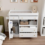 WOODTIME 43.3" W Nursery Dresser with Diaper Changing Tray, 2 Hidden Organizers & Towel Racks, Baby Kids Dresser Changing Table with 4 Drawers & 2 Shelves for Bedroom, White