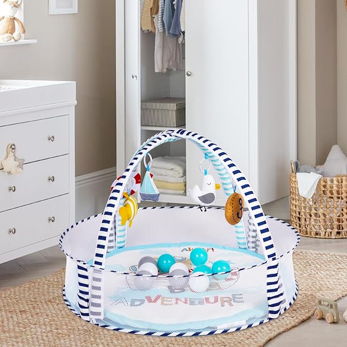 Baby Play Mat, 4-in-1 Baby Play Gym Tummy Time Mat with Ball Pit and 5 Detachable Toys for Newborn to Develop Sensory Exploration and Motor Skill 0-6-12 Months