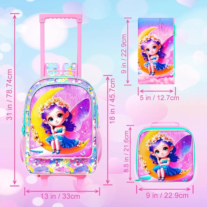 Girls Rolling Backpack, Cute Moon Fairy Roller Wheels Kids Bookbag - Wheeled Elementary School Bag - 3PCS Moon Fairy