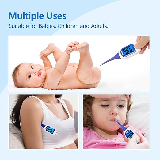 Large LCD Screen Digital Thermometer for Fever, 10 Seconds Fast & Accurate Readings, Large LCD Dual Color Backlight Flexible Tip Ideal for Adults Kids and Babies
