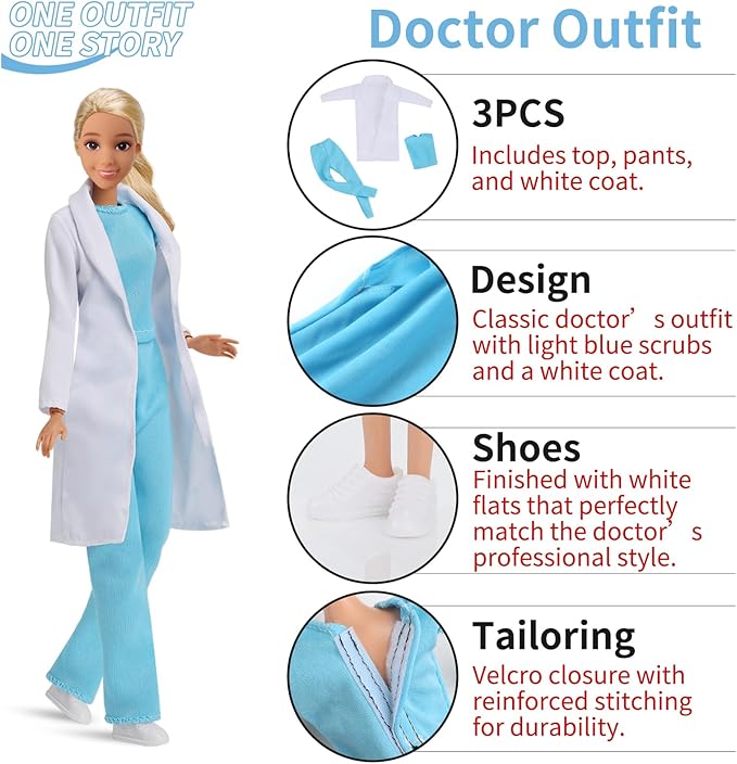 11.5-Inch Themed Doll Clothes & Accessories-Educational Role Play Gift Set for Girls with 1 Doll, 5 Outfits (Doctor, Flight Attendant, Police, Chef, Soccer), 1 Puppy, 5 Shoes, Stands, Headbands