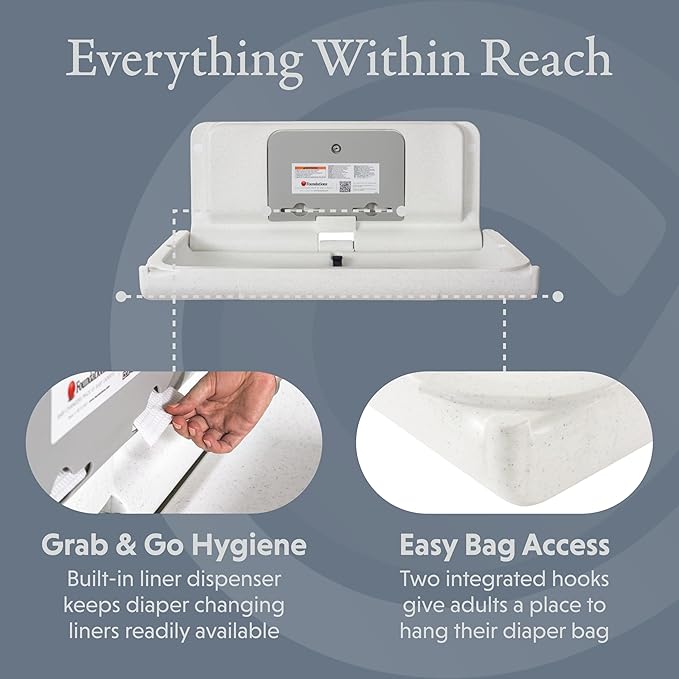 Foundations Ultra Horizontal Wall Mounted Baby Diaper Changing Station, Oversized Changing Surface, Plastic with Stainless Steel Hinge - White Granite (200-EH-03)