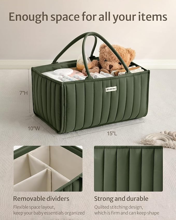 Blissful Diary Baby Diaper Caddy Organizer, Stylish Storage Basket for Newborn Essentials and Diaper Station, Gift for Baby Shower and Registry Must-Have, Deep Green