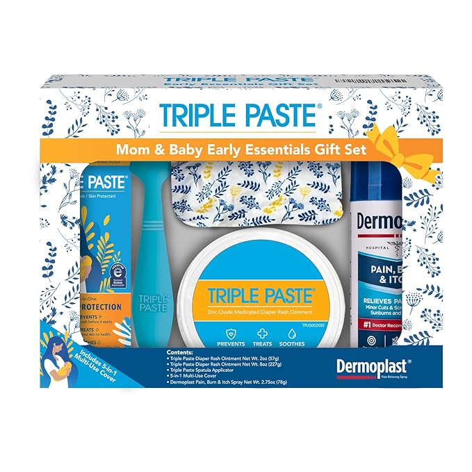 Triple Paste Mom & Baby Early Essentials Gift Set with 5 Items, Diaper Rash Ointment 8oz Jar & 2oz Tube, Spatula Applicator, Dermoplast Spray, and Multi-Use Cover, Shower Gifts for Moms
