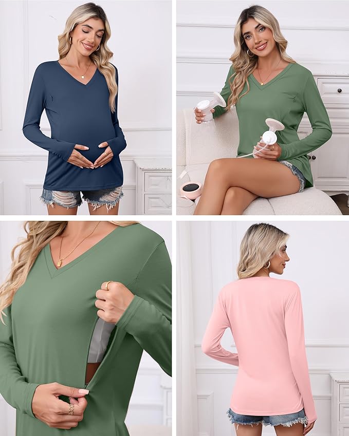 Huukeay 3 Pack Women's Long Sleeve Nursing Tops, Breastfeeding Hidden Zippers Shirts V Neck Maternity Pregnancy Tees Clothes