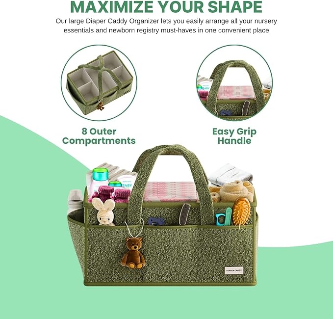Large Diaper Caddy Organizer with Dividers - Baby Basket for Nursery and Changing Table - Portable Storage with Strong Handles for Diapers, Wipes and Newborn Essentials