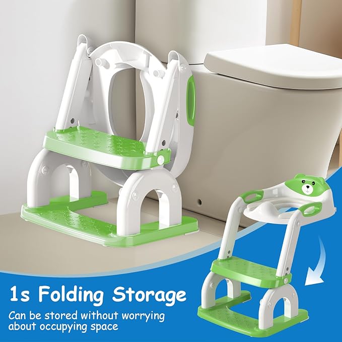 Potty Training Seat with Step Stool for Toddlers - Upgrade 2-in-1 Toilet Seat Toilet Ladder for Kids Children Boys Girls, Anti-Slip Pad & Adjustable Height with Waterproof - Green