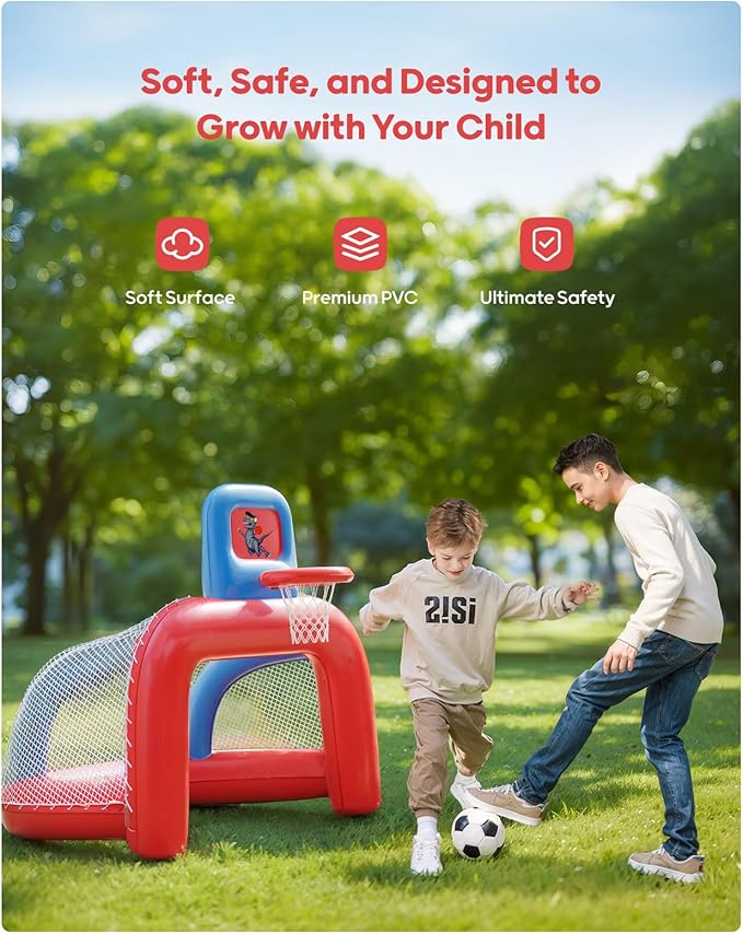 QPAU 2-in-1 Inflatable Toddler Basketball Hoop & Soccer Goal Set, Indoor Outdoor Sports Center Toys for Kids, Baby Toddlers Birthday Gift for 1 2 3 4 5 Year Old Boys Girls