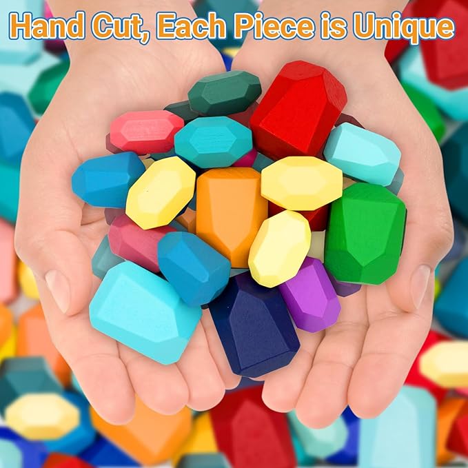 39PCS Montessori Wooden Stacking Rocks Toys Colorful Stacking Stones Building Blocks Games Sensory Toy for Toddlers Educational Learning Toys for 1 2 3 4 5 6 Years Old Kids