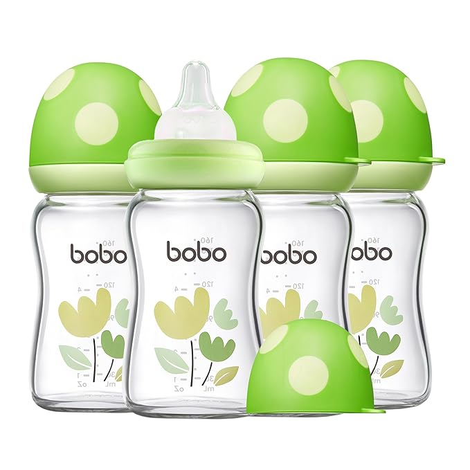 YOHKOH Natural Glass Baby Bottle with Natural Response Nipple, Newborn Anti-Colic Baby Bottles, Wide Neck Mushroom Cap Baby Bottle, Clear (Green, (5.4oz (Pack of 4))