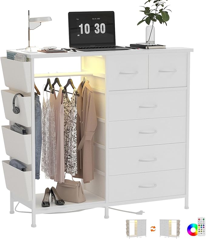 6 Drawer Dresser for Bedroom with Clothes Rack, Clothes Dresser with Side Pockets and Hooks, Charging Station & LED Lights, Wooden Top, Fabric Storage (White)