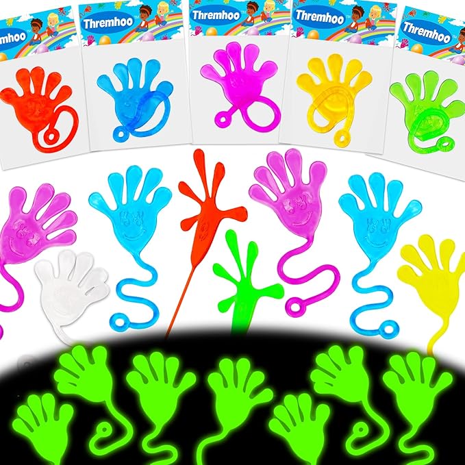 Thremhoo 40Pcs Glow in the Dark Sticky Hands Kids Party Favor Supplies Goodie Bag Stuffer Pinata Return Gift Stretchy Class Prize Carnival Sensory Goody Party Pinata Filler Treasure Box Bulk Toy