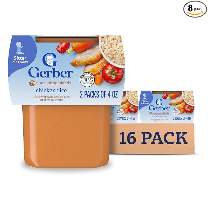 Gerber Baby Food 2nd Foods, Dinner, Chicken & Rice Puree, 4 Ounce Tubs, 2 Count (Pack of 8)