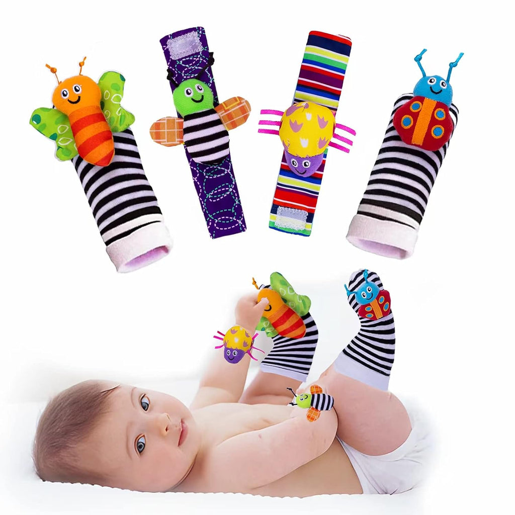 4-Piece Baby Wrist Rattle & Foot Finder Socks - Animal Rattle, Cartoon Design, 0-24 Months