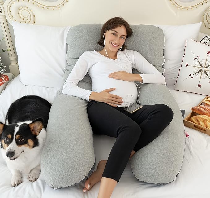 Meiz Pregnancy Pillows Cooling, Pregnancy Pillow U Shaped, Full Body Pillow and Maternity Pillow for Support Neck/Back/Legs with Pregnancy Pillow Cooling Jersey Cover & Velvet Cover, Grey