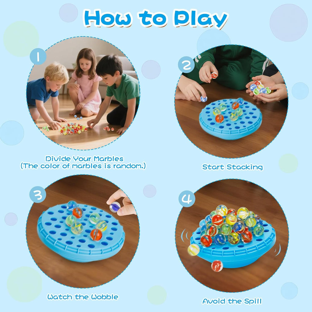 Marble Balance Game - 50 Colorful Marbles with Built-in Storage, Fun Family Challenge for 1-4 Players, Educational Toy for Kids & Adults, Perfect for Parties, Travel & Birthday Gifts (Blue)
