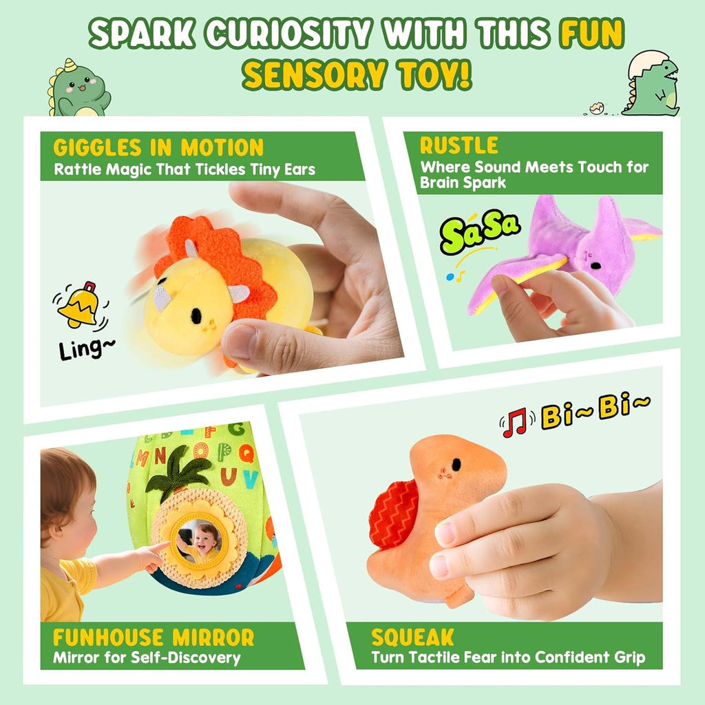 Baby Toys 6-12 Months - Soft Dinosaur Egg Toy with Rattle, Crinkle Paper, Squeaker, Mirror - Baby Sensory Toys for 6+ Month Old Developmental, Montessori Toys for 1 Year Old Boy Girl Gifts