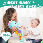 Baby Toys 0 to 12 Months, Musical Stuffed Animal Activity Soft Toys with Multi-Sensory Crinkle, Rattle and Textures, Infant Tummy Time Toys for Newborn Boys, Seahorse, Blue