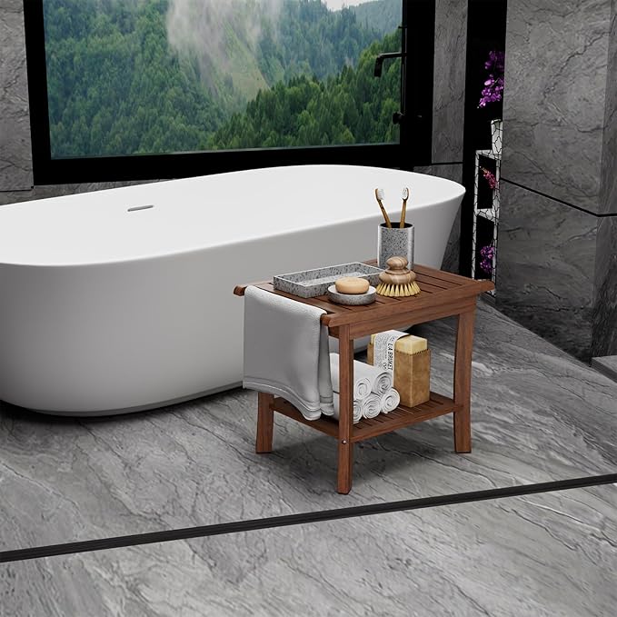 Teak Shower Bench with Shelf & Handle, 20 Inch Shower Stool for Standard Tubs & Showers, Non-Slip Waterproof Seat, Spa & Bathroom Storage Stool