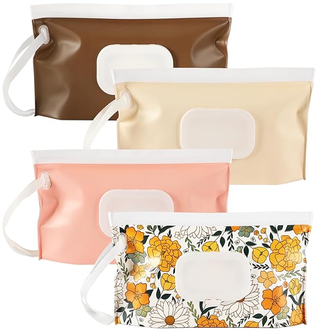 FEBSNOW 4 Pack Baby Wipes Dispenser, Portable Refillable Wipe Holder Baby Wipes Container Travel Wipes Case Reusable Wet Wipes Pouch (Floral, Cream, Brown, Pink)