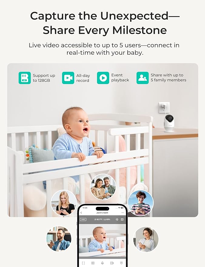 VistaView Lite Smart WiFi Baby Monitor - 4” 720P Split Screen & 1080P Camera App Control, Motion Alerts, HD Night Vision, 3000mAh Battery, 2-Way Talk, Multi-User, Triple Security, 1000ft Range