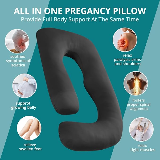 Sasttie Pregnancy Pillows for Sleeping, U Shaped Cooling Full Body Pillow with Removable Cover, Pregnant Women Must Haves, Maternity Essential, Black