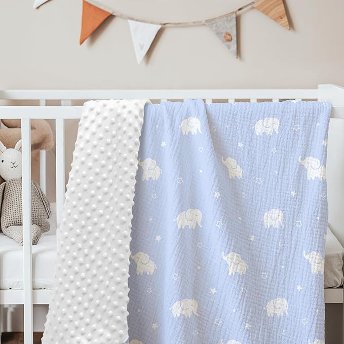 Elephant Baby Blankets for Boys Girls, Soft Nursery Minky Blankets with Muslin and Dotted Fleece Back 30x40 inches, Receiving Bed Quilt for Newborn, Infants, Toddlers