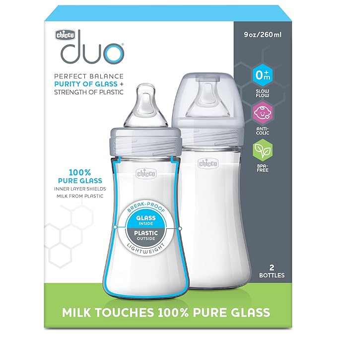 Chicco Duo 9oz. Hybrid Baby Bottle with Invinci-Glass Inside and Plastic Outside | Dishwasher, Bottle Warmer, and Electric Sterilizer Safe | Intui-Latch Nipple | Clear/Grey, 2pk