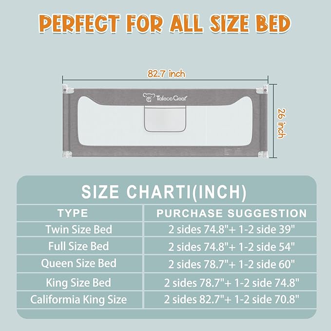 G TALECO GEAR Bed Rail for Toddlers, Stable Protective Bed Side Rails, Baby Bedrail Guard for Twin Full Queen & King Size Bed (82.7 inch, 1 Piece)