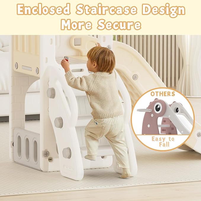 XJD 5 in 1 Toddler Slide, Kids Slide for Toddlers Age 1-3, Outdoor Indoor Playset for Toddlers with Basketball Hoop and Ball, Storage Space and Non-Slip Steps Telescope (Beige)