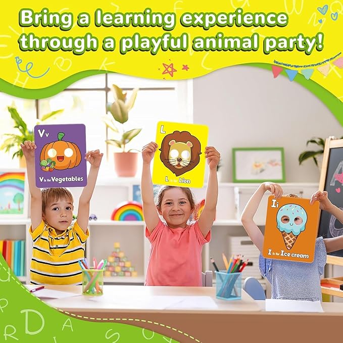 Alphabet ABC Flash Cards with Animal Masks, 26 Pcs Animal mask Alphabet Cards, Interactive Education Games, Learn Letters, English Phrases(Colorful)