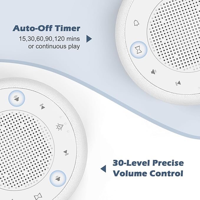 Buffbee Sound Machine & Alarm Clock 2-in-1, 0-100% Clock Face Brightness, Bottom Colored Light, Sleep Timer, Precise 30-Level Volume Control White Noise Machine - White