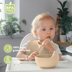 Silicone Baby Feeding Set | Baby Led Weaning Supplies Includes Suction Bowls and Divided Plates, Adjustable Bib, Baby Utensils Spoons and Forks,Cup | Baby Feeding Essentials (Beige)