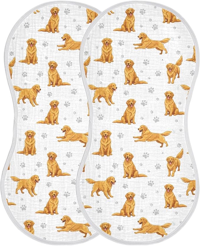 2 Pack Muslin Burp Cloths Golden Dogs Paw Prints White Cotton Baby Burp Cloths Ultra Absorbent and Soft Thick Burping Cloth for Newborn Baby Boys Girls 22x11 Inch