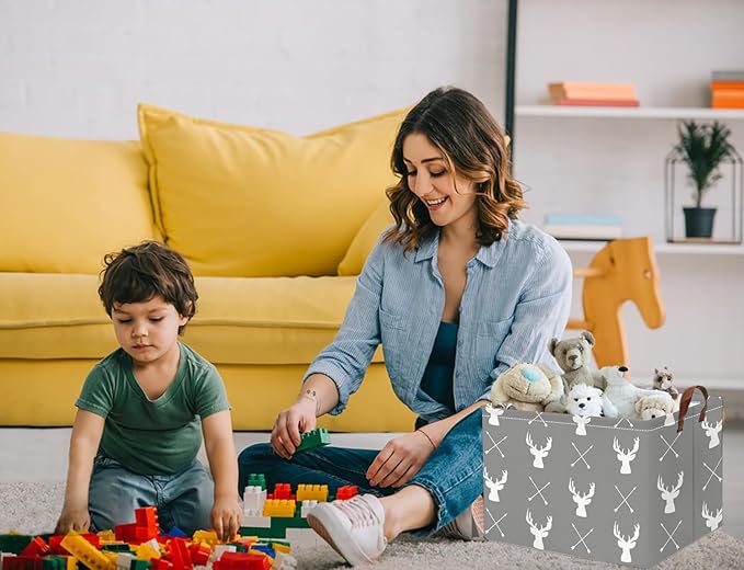 HIYAGON Baby Basket Cute Toy Bin for Boys and Girls Kids Storage Bin Organizer Box Gift Basket Empty Rectangular Deer Room Decor for Home(Grey deers)