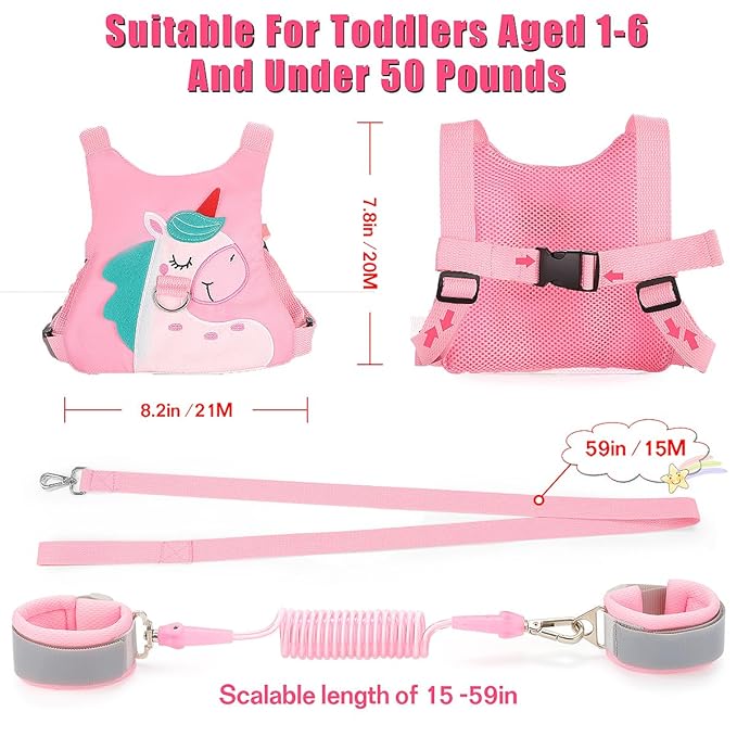 Toddler Leash-Baby Walking Safty Harness and Child Anti Lost Wrist Link for Girls/Boys Travel (Pink)