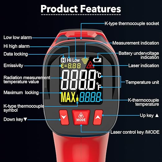 Infrared Thermometer Temperature Gun, TEMIRUP Digital Laser Temperature Gun with Probe for Cooking, Pizza Ovens, Griddles, Meat, HVAC, Non-Contact IR Temp Gun with Adjustable Emissivity, -40°F~1472℉