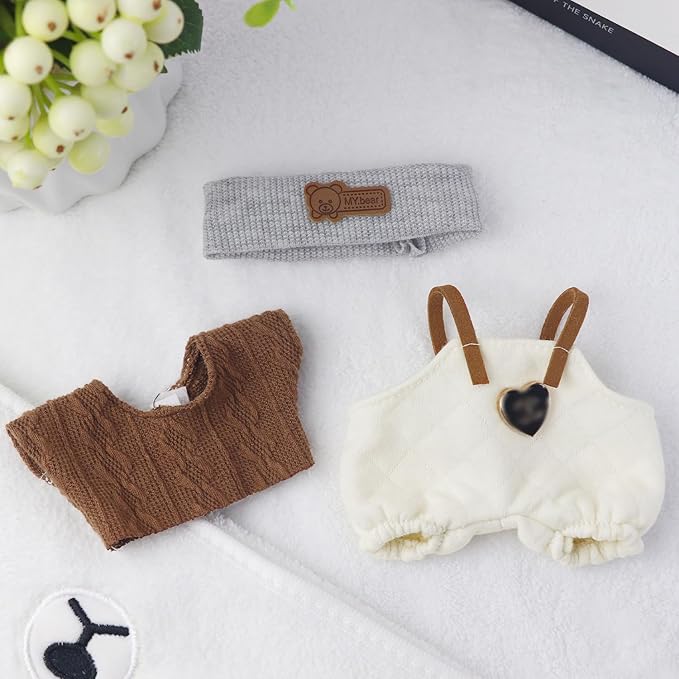 3 Pcs 17cm Doll Outfits – Sporty Style Mini Doll Clothes Included Bear Hairband, Brown T-Shirt & White Bib Pants Accessories Set Fits 15cm Dolls (No Dolls)