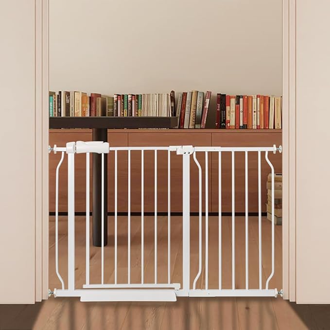 Baby Gate for Stairs No Drill 43.31-48.03 Inch,Pressure Mounted Metal Child Safety Dog Gates for Doorways,Walk Through Pet Gate Indoor Auto Close,White