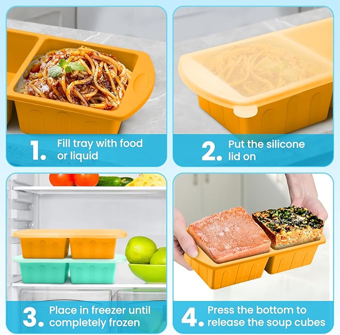 2 Pack Silicone Freezer Trays With Lid For Easy Storage Silicone Soup Freezer Molds 2 Cup ，Perfect For Freezing Broth ,Sauces Store Leftovers Lasagna Stackable, Leakproof, Easy Release Dishwasher Safe