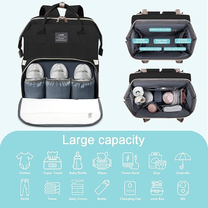 Diaper Bag with Changing Station, Baby Diaper Bag with USB Charging Port, Multi-functional Waterproof Travel Essentials Diaper Bag Backpack for Boys & Girls, Black