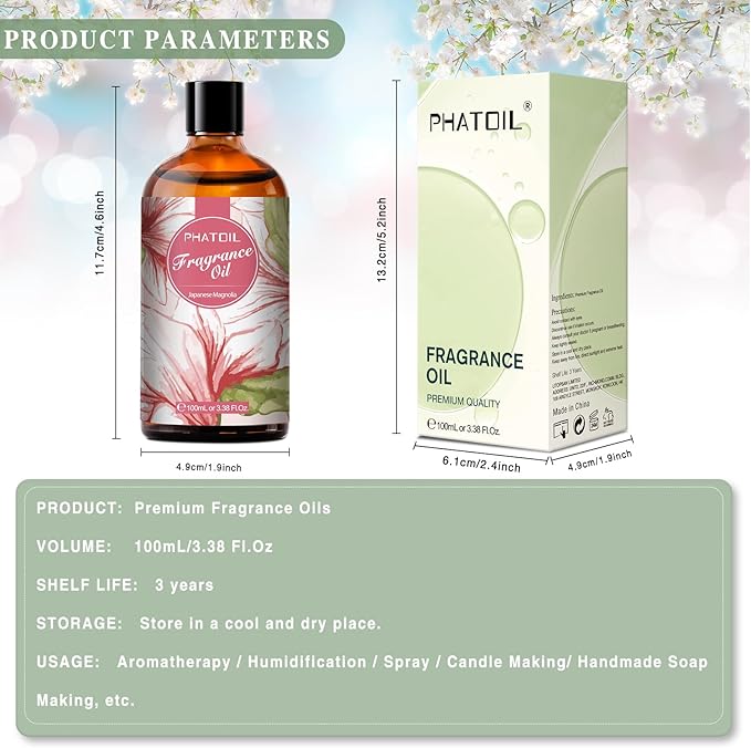 PHATOIL 3.38FL.OZ Japanese Magnolia Fragrance Oils for Aromatherapy, Essential Oils for Diffusers for Home, Perfect for Diffuser, DIY Candle and Soap Making, DIY Scented Products - 100ml