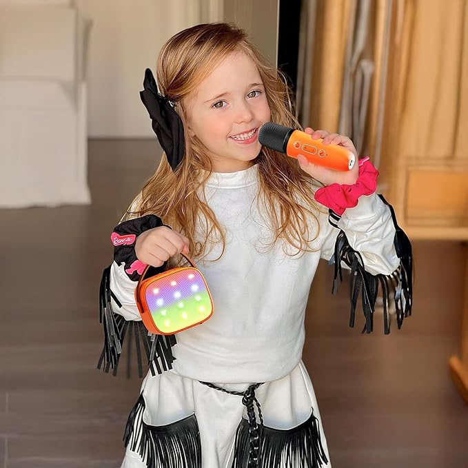 YLL Mini Karaoke Machine for Kids Adults, Portable Bluetooth Speaker with 2 Wireless Microphones, Birthday Gifts Toys for Girls Boys Ages 3, 4, 5, 6, 7, 8, 9,10,11,12+ Years Old Toddler (Orange)