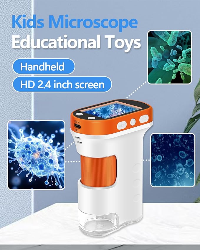 Microscope for Kids 1000x Magnification, 2.4-inch ScreenPocket Microscope with Photo and Video Recording (with Slide Kit) Portable Educational Gift