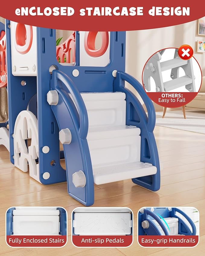 YUFU Toddler Slide Set, 11 in 1 Kids Slide for Toddlers 1-3, Toddler Playset with Climbing Bridge, Golf Set, Basketball Hoop, Indoor Outdoor Playground (Blue Red)