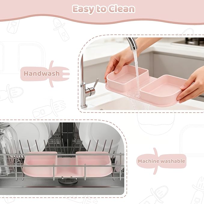 Traval Silicone Foldable Feeding Set, On-the-Go Baby Feeding Supplies Including Toddler Plates, Silicone Baby Spoon&Fork, Adjustable Foldable Bib, Portable Infant Toddler Utensils, Pink